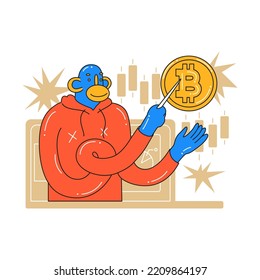 The monkey is giving an online lecture on the benefits of acquiring bitcoin. Investment, cryptocurrency mining, search for new successful business ideas. Cartoon stule in vector illustration. Isolated