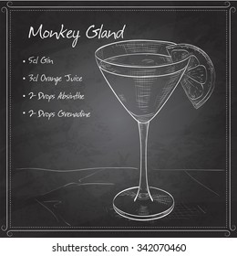 Monkey Gland alcoholic cocktail, consisting of Jean, Orange juice, absinthe, grenadine on black board