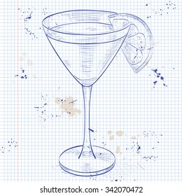 Monkey Gland alcoholic cocktail, consisting of Jean, Orange juice, absinthe, grenadine on a notebook page