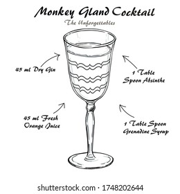 Monkey Gland cocktail alcoholic recipe vector hand-drawn sketch