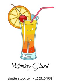 Monkey gland cocktail of gin, orange juice, grenadine and absinthe. Bubbly summer refreshment drink in blue glass with red straw, cherry and orange slice. Vector illustration on white background.