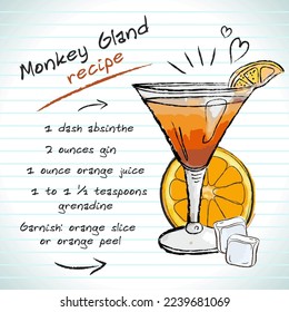 Monkey Gland cocktail, vector sketch hand drawn illustration, fresh summer alcoholic drink with recipe and fruits
