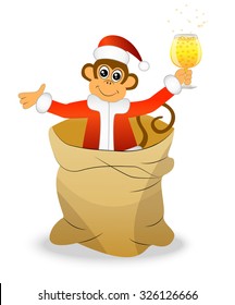 Monkey with a glass of champagne in a bag, vector illustration