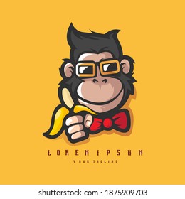 Monkey with glasses and banana, Monkeys logo in sport style, mascot logo illustration design vector	