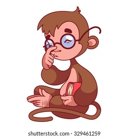 Monkey in glasses with book in hand. Symbol of 2016 - a monkey. Vector Cartoon character on a white background.