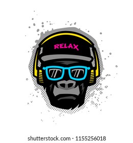 Monkey with glasses and headphones. Illustration in bright colors on grunge texture background.