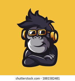 Monkey with glasses and headphones mascot logo design vector