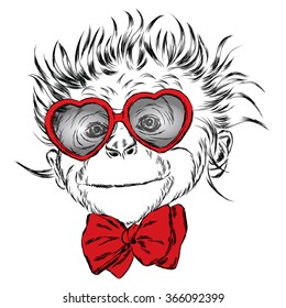 Monkey with glasses and tie. St. Valentine's Day.  Vector illustration for greeting card, poster, or print on clothes.