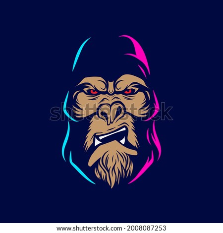 Monkey gorilla angry face line pop art logo. Colorful design with dark background. Abstract vector illustration. Isolated black background for t-shirt, poster, clothing, merch, apparel, badge design