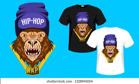 Monkey, Gorilla of Hip-Hop Music. Hip hop rapper gorilla head in hat. Image for printing on t-shirt. Bandit monkey with gold chain. Sticker, album cover. Vector Illustration