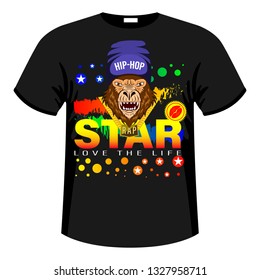 Monkey, Gorilla Star Print Shirt, Slogan. Hip hop music rapper gorilla head in hat. Bandit monkey with gold chain. Colorfull Vector Illustration