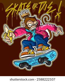 Monkey Graffiti Cartoon Character. Monkey Illustration playing skateboard in stylish pose