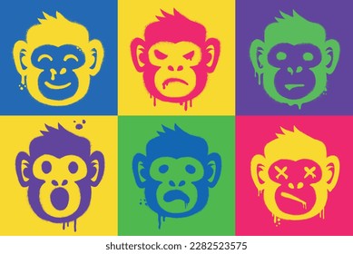 Monkey graffity set. Artwork for NFT trading. Collection of animal silhouettes on colorful backgrounds. Crypto graphic art in urban street style. Non fungible token. Cartoon flat vector illustration