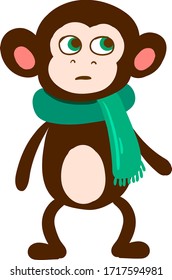 Monkey with green scarf, illustration, vector on white background