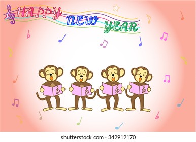 Monkey greeting card.The monkey which celebrates the New Year by a chorus.