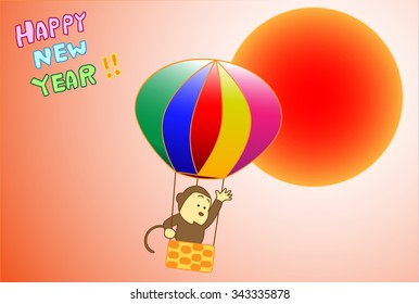 Monkey greeting card.The monkey which has an adventure in a hot-air balloon