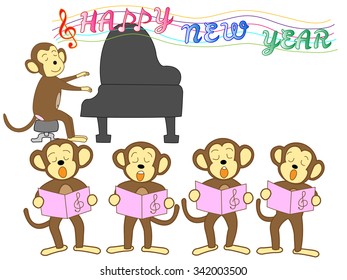 Monkey greeting card.Monkey to sing a song in celebration of the New Year