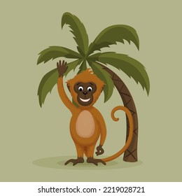 Monkey greets under a palm tree
