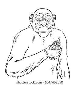Monkey with grenade bomb in hand coloring vector illustration. Text bubble. Isolated image on white background. Comic book style imitation.