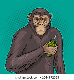 Monkey with grenade bomb in hand pop art retro vector illustration. Color background. Comic book style imitation.
