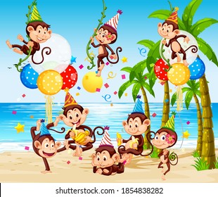 Monkey group in party theme cartoon character on beach background illustration