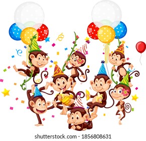 Monkey group in party theme cartoon character on white background illustration