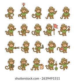 Monkey guide character set created for jungle adventure exploration using tools, maps, gestures, symbols, and ideas to communicate knowledge and emotion during missions