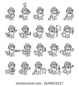 Monkey guide character set created for jungle adventure exploration using tools, maps, gestures, symbols, and ideas to communicate knowledge and emotion during missions