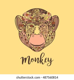 Monkey hand drawn head vector illustration with colorful ethnic motifs