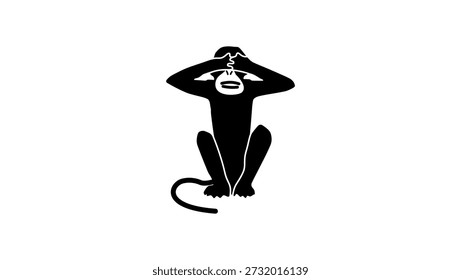 monkey with a hand over his eyes, black isolated silhouette