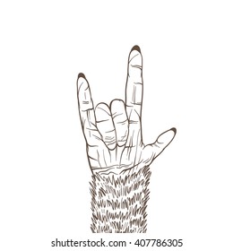 Monkey hand shows rock gesture, hand drawn vector illustration