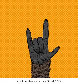 Monkey hand shows rock sign, hand drawn vector illustration. Comics style