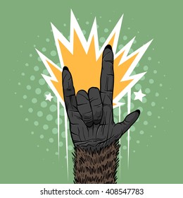 Monkey hand shows rock sign, hand drawn vector illustration. Comics style