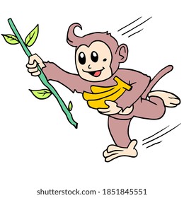 a monkey hanging with a banana. doodle icon draw. cartoon doodle sticker draw