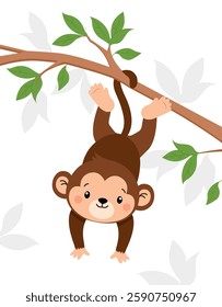 Monkey hanging from a branch with leaves on white background. Cartoon style. Concept of fun and nature. Vector illustration