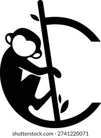Monkey hanging from a branch in a stylized letter c logo