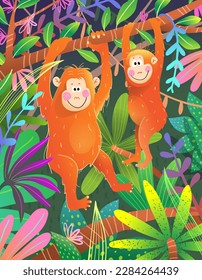 Monkey hanging in Colorful Wild African Jungle illustration for kids. Vibrant and playful orangutang design of African animals in the rainforest. Monkeys in jungle vector graphic design for children.