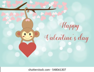 Monkey hanging in the love tree and holding red heart in hands, vector illustration design greeting valentine's day card