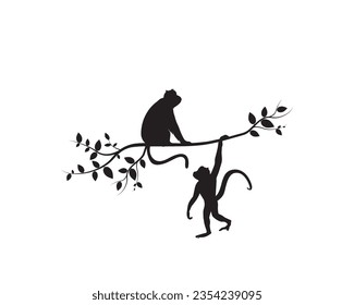 Monkey hanging and monkey on branch, vector illustration isolated on white background. Monkey silhouette, black and white minimalist art design