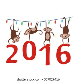 Monkey hanging on the Christmas garland and holding in the paws digits of 2016. Vector illustration.