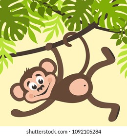 Monkey is hanging on a creeper. Green palm leaves on a yellow background. Cartoon character for kids. Vector illustration.