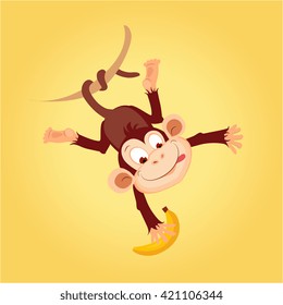 Monkey Hanging On Liana Flat Bright Color Simplified Vector Illustration In Fun Cartoon Style Design