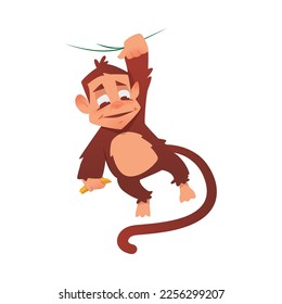 Monkey Hanging on Liana as Game Character Vector Illustration