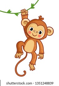 Monkey hanging on liana. Vector illustration in cartoon style. Cute animal.