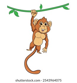 Monkey hanging on liana. Vector illustration in cartoon style.