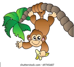 Monkey hanging on palm tree - vector illustration.