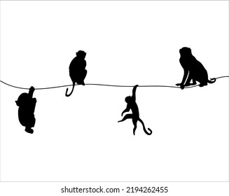 Monkey Hanging on Rope in Silhouette Illustrations 