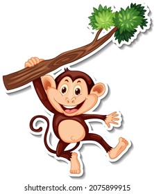 Monkey hanging on tree branch cartoon character sticker illustration
