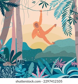 A monkey hanging on a vines. jungle in the background. illustration in a cartoon flat style. vector