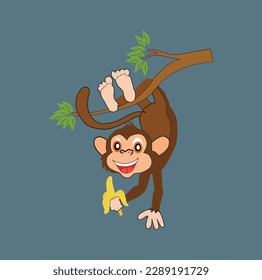 A Monkey Hanging In Tree Branch Cartoon Vector 